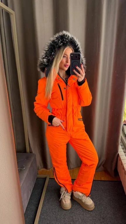 Женский зимний мембранный комбинезон Оранжевый неон