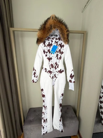 Женский зимний комбинезон из софтшелла Коровий принт вставки